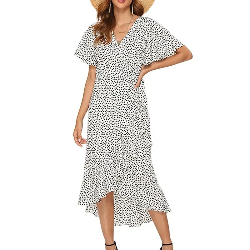 

Women Dresses Summer 2020 Sexy V Neck Floral Print Boho Beach Dress Ruffle Short Sleeve A Line Mini Dress Wrap Sundress Robe