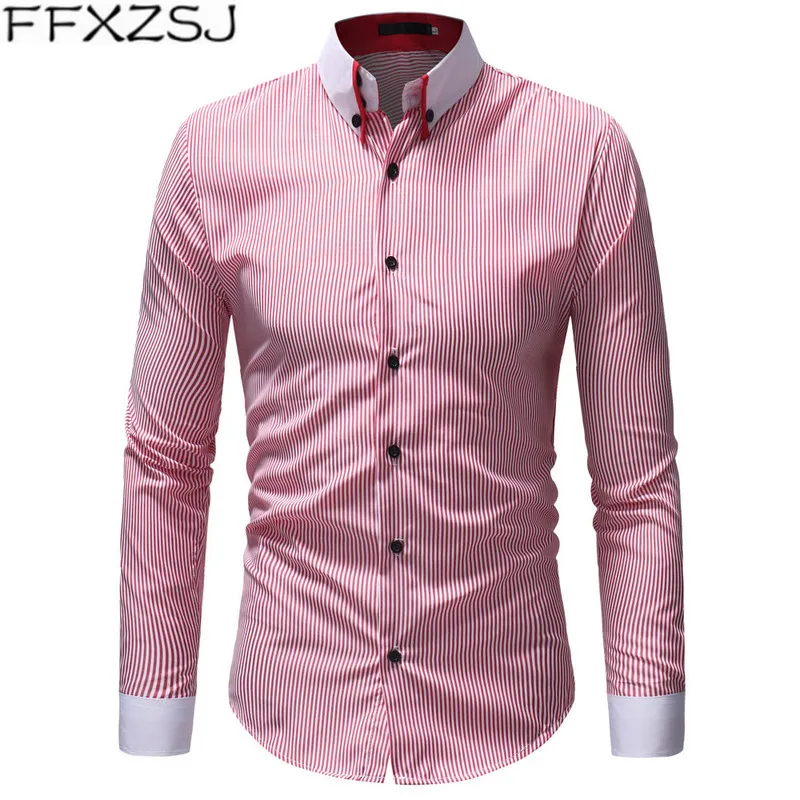 

FFXZSJ Brand Hot Sale Cotton Men Shirt Long Sleeved Striped Solid Plaid Male Business Shirt Brand Clothing Formal Shirt Man