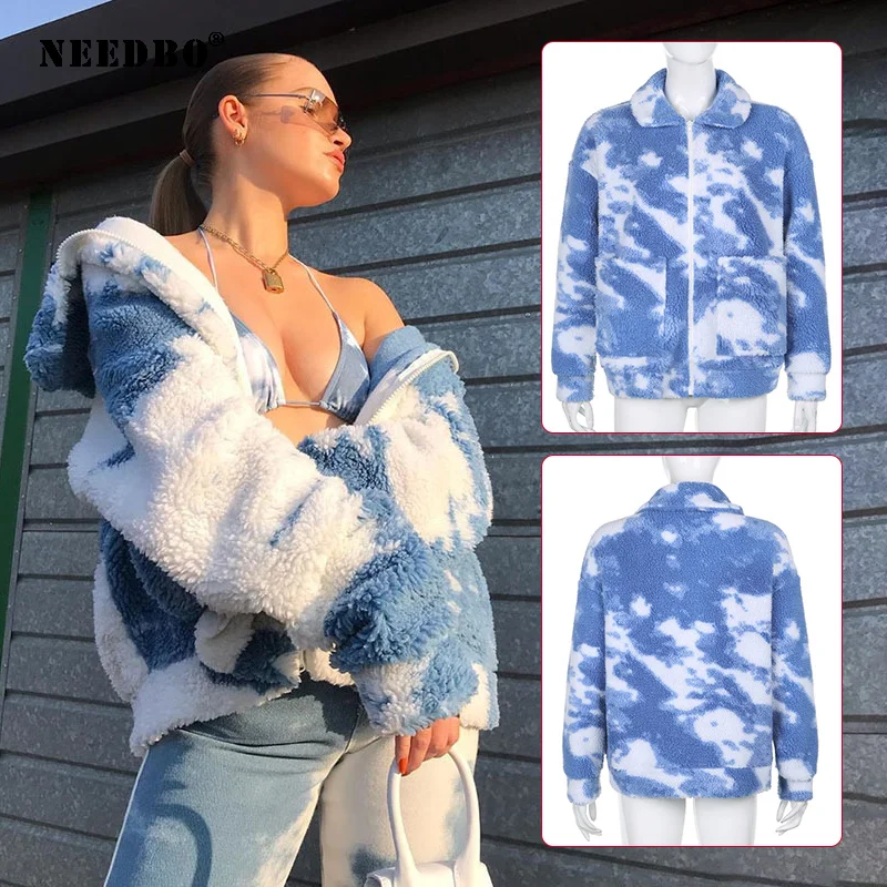 Woman Winter Coat Oversize Wool Thick Blue Winter Jacket Women Coat Outwear Turn Down Collar Faux Fur Woman Jacket Parkas
