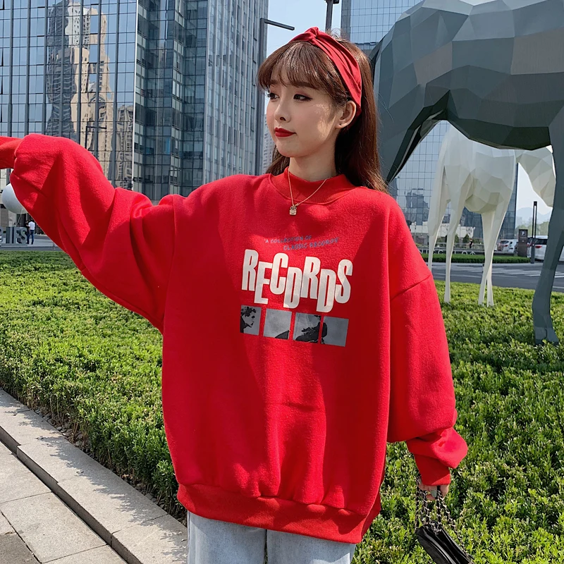 

Half High Collar Sweater Women Plus Velvet Casual Loose Hedging Printed Upper Clothes Sweatshirt Women Kawaii Hoodie