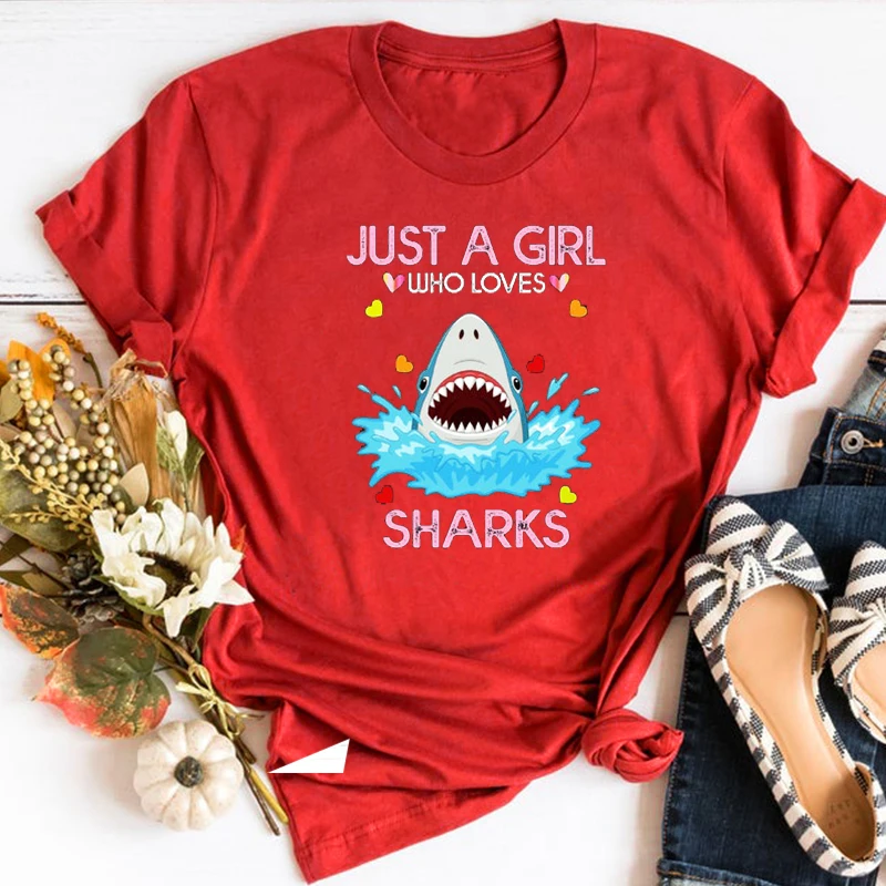 

Shark Shirt Women Shirts Just a Girl Who Loves Sharks Tshirt Women Vintage Cartoon Clothing Streetwear Korean Clothes 90S