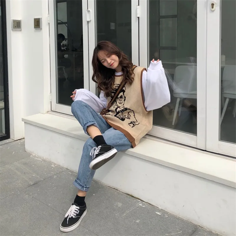Vintage Cartoon Printed Knitted Sweater Vest Casual Sleeveless Loose Pullover Tank Tops Female Oversized Pullovers Femme