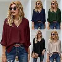2021 ordinary large size commuter solid color womens loose irregular pullover blouse v neck long sleeved shirt