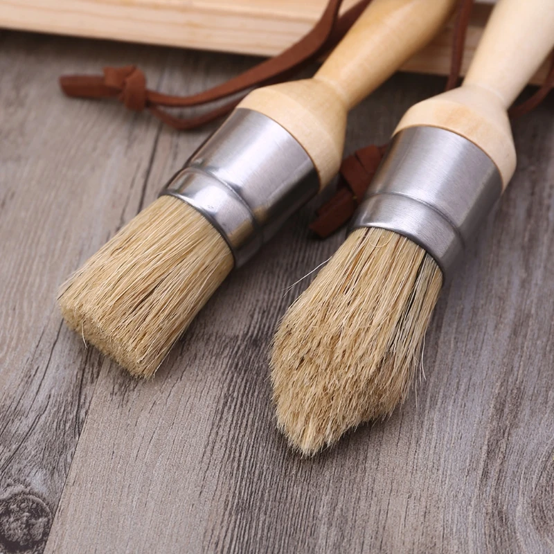 

F2TE 2 Pcs Round and Pointed Chalk Paint Wax Brush Ergonomic Wood Handle Natural Bristle Brushes Furniture DIY Painting Waxing