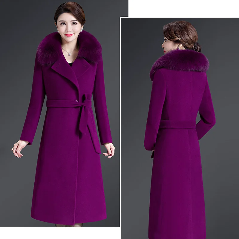 

2020 Winter Women Woolen Coat Fur Collar Plus Size Long Lace-Up Solid Fashion Vintage Blends Female Casual High Quality Trench