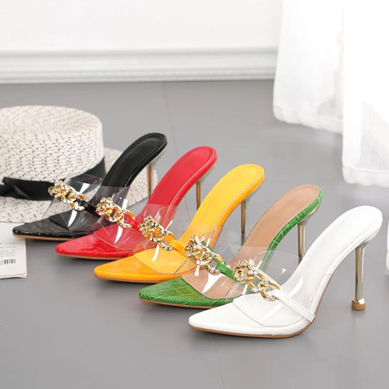 

2022 New Summer Leather Slides Women 10cm High Heels Green Mules Shales Casual Yellow Crystal Chain Slippers Transparent Shoes