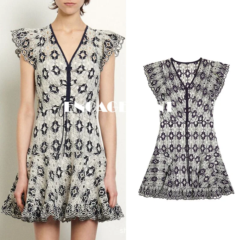 

ENGAGEMENT 2021 Spring and Summer New Carved Embroidery Retro Lace Printed Slim Dress V-neck Hollow Skirt