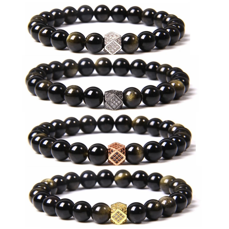 Качественный браслет из натурального золотистого обсидиана с бусинами для