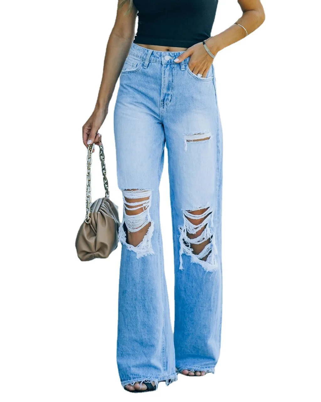 

Прямые свободные брюки, женские джинсы с завышенной талией, облегающие потертые Длинные повседневные джинсы из денима для похудения на лет...