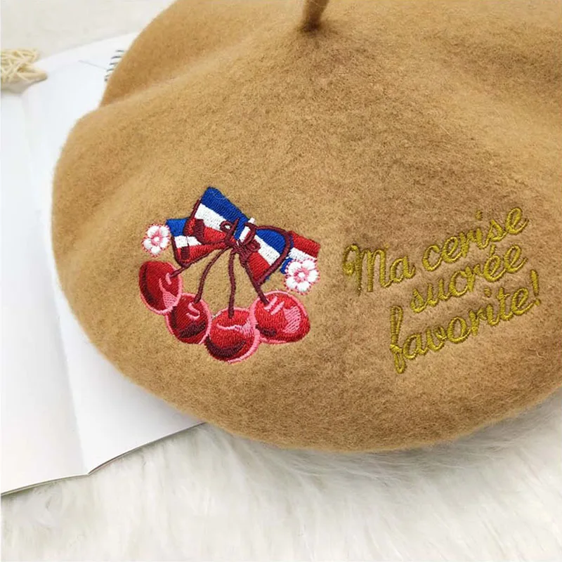 

PCFDDR Autumn and winter new fashion retro cherry letter embroidered bud hat Korean fashion British Beret painter hat