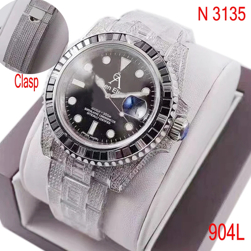 

Iced out top quality watch Black Sub-marinr Full Diamonds Clasp Sapphire glass Automatic ETA Noob 3135 movement 1:1