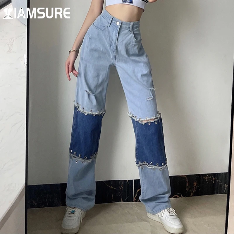 

IAMSURE Cool Loose Patchwork Ripped Jeeans Y2K Aesthetic High Waisted Trousers Hollow Out Wide Leg Pants Women 2021 Streetwear