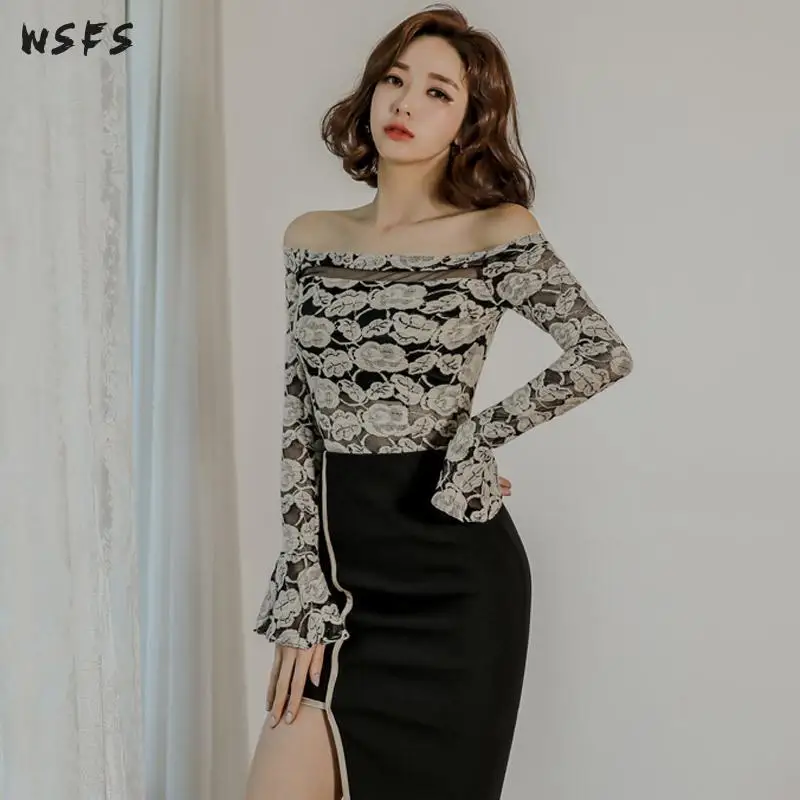 

2 Piece Set Spring Off Shoulder Lace Top Women Dress Elegant Black Astmmetrical Skirs Sexy Party Dresses Bodycon Bandage Clothes