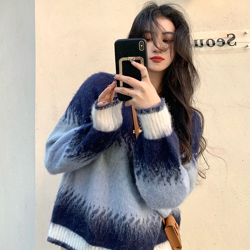 

Gradient Contrast Sweater Lazy Style Female Autumn and Winter New Korean Loose Thin Casual Knit Sweater Top