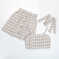 womens summer suit high waist skirt and tank top korean fashion sexy crop top plaid mini skirt and two piece set women clothing