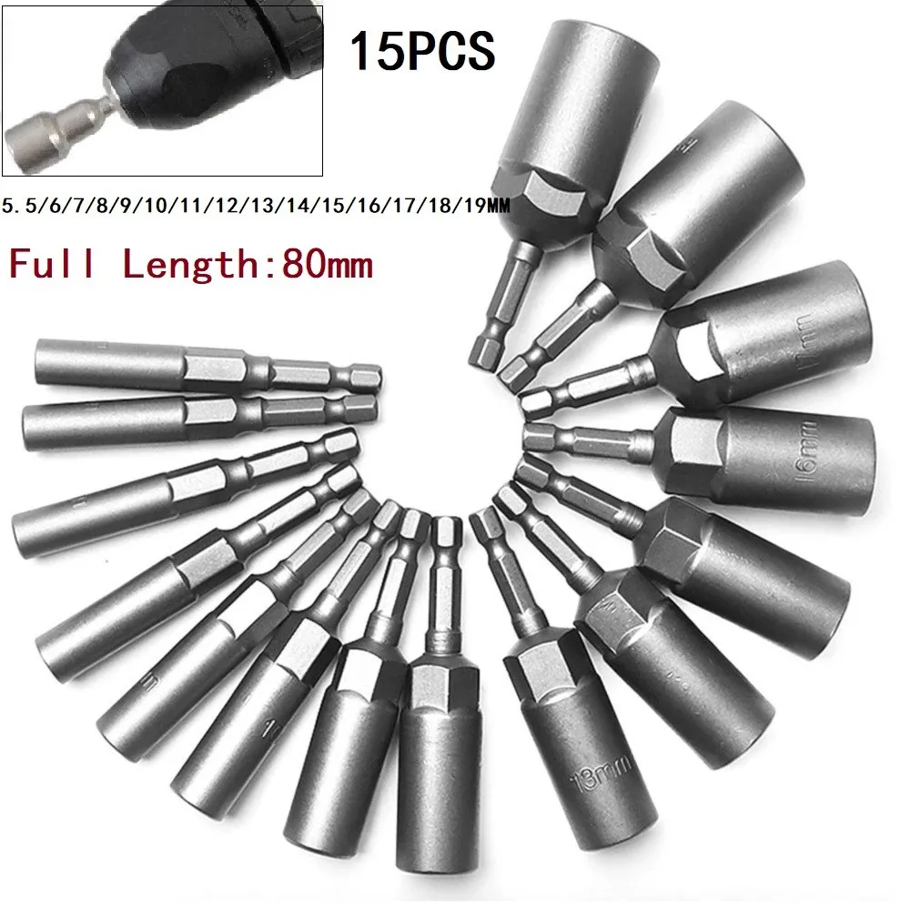 

15 шт. 80 мм длина электрическая Магнитная отвертка набор гаечных ключей ударный 6,35 мм шестигранный хвостовик метрический гаечный ключ торце...