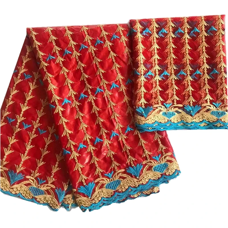 Ткань базин с вышивкой африканским тюлем и кружевной блузкой 5+2 ярда.
