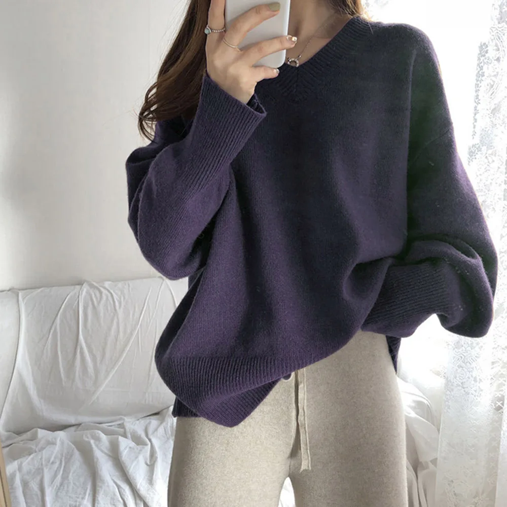 

Autumn Women Sweater Loose Top V-neck Knitted Bottoming Shirt Simplicity Casual Ladies Clothing Female Outer Wear Pullover New