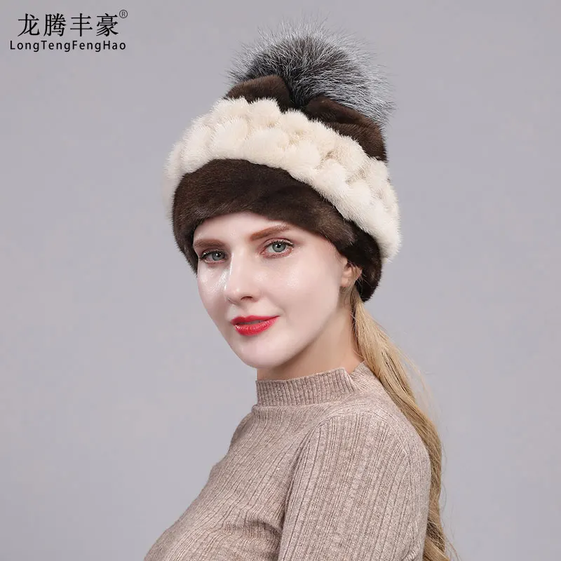New Leather Full Leather Mink Fur Hat Winter Ladies Pineapple Hat Elegant New Fashion Models Thick Warm Fox Fur Ball Fur Hat