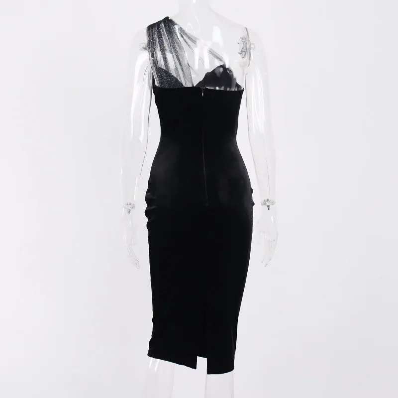 

Fashion Black Velvet Party Bodycon Dresses Off The Shoulder Backless Zipper High Waist Sexy Dresses Irregular Party Elegant Robe