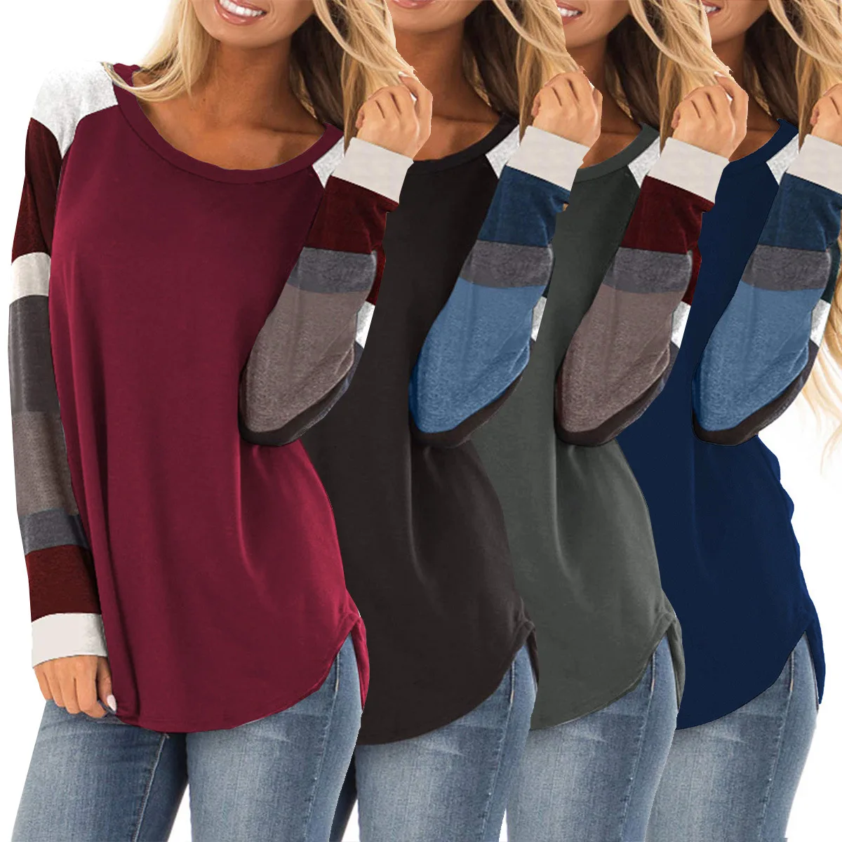 

Женская Нижняя рубашка, женская повседневная одежда, свободная мягкая Полосатая туника с круглым вырезом и контрастными швами, блузка с дли...