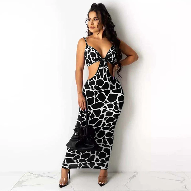 

Sexy Leopard Spaghetti Strap Maxi Dress Hollow Birthday Clubwear Summer Clothes for Women Night Party Evening Dresses