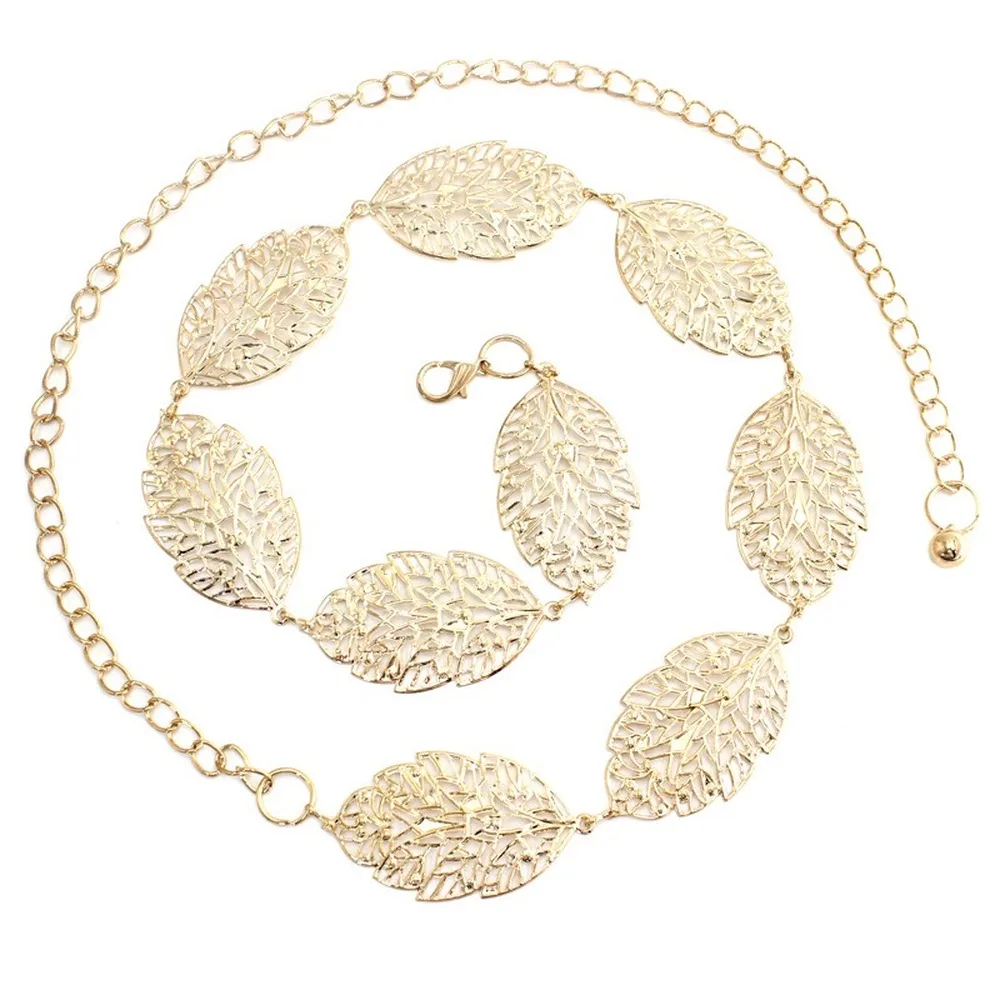 

New Women Belt Fashion Metal Brand Luxury Designer Leaves Belt Alloy Waistbelt Decoration Leaf Thin Gold Waist Chain Belt Ladies