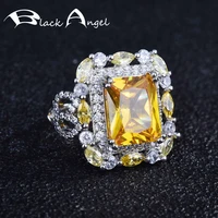 black angel imitation citrine color treasure ring micro inlaid luxury princess square yellow gemstone open ring silver jewelry