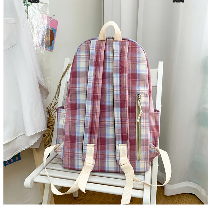 Large Pink Schoolbags for Girl Teens Fashion Patchwork Plaid Nylon Backpack Women Book Bags 2021 New |