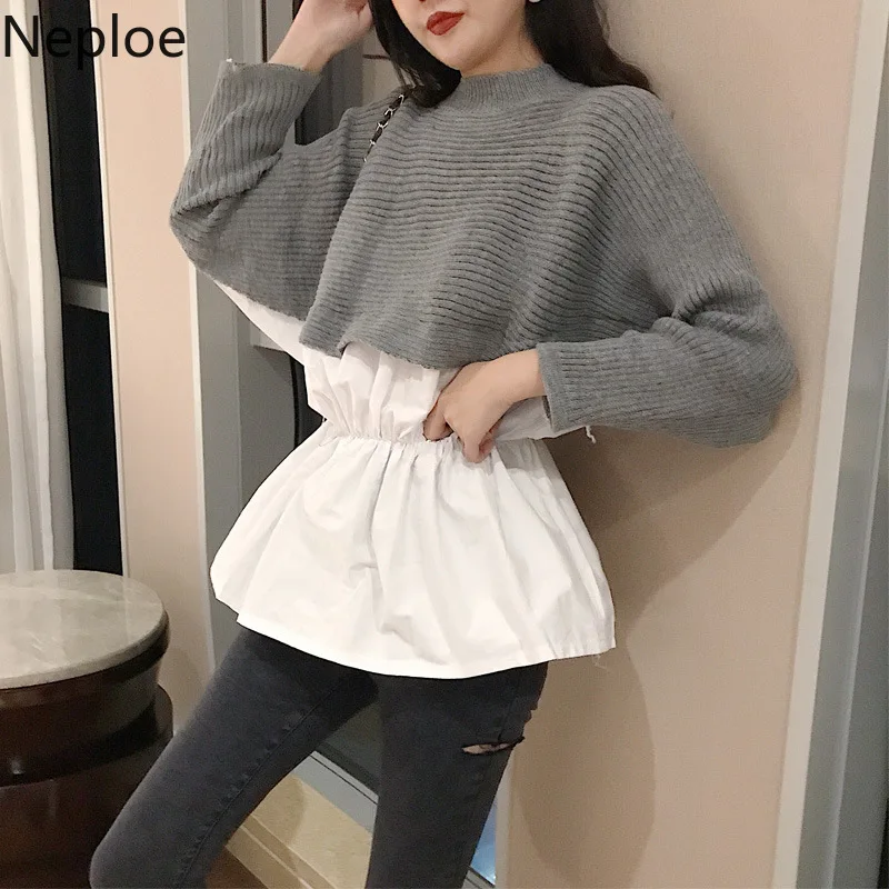 Neploe тонкая талия поддельные из двух частей рубашка лоскутков свитер для женщин с