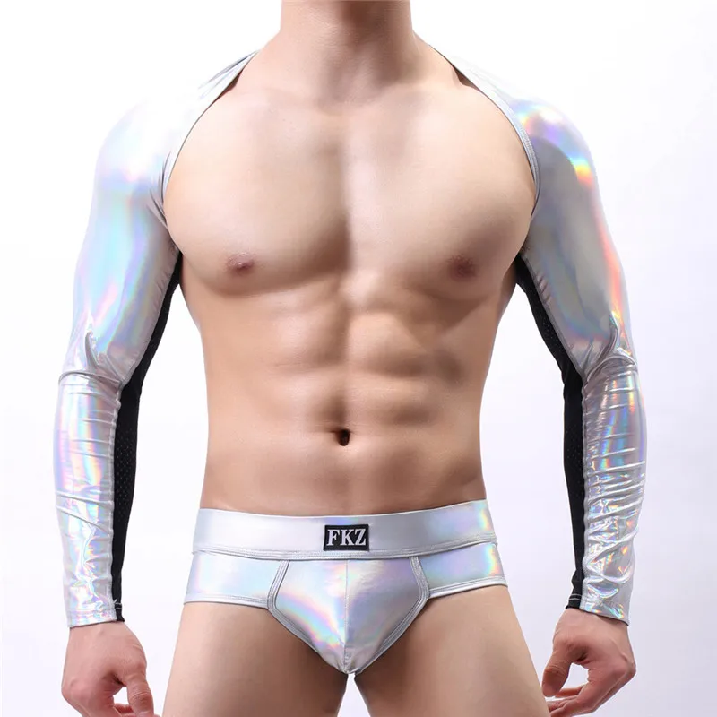 Men's Undershirt Long Sleeve Shirt Faux Leather T-Shirts Sexy Faux Leather Undershirts Mens Underwear One Set