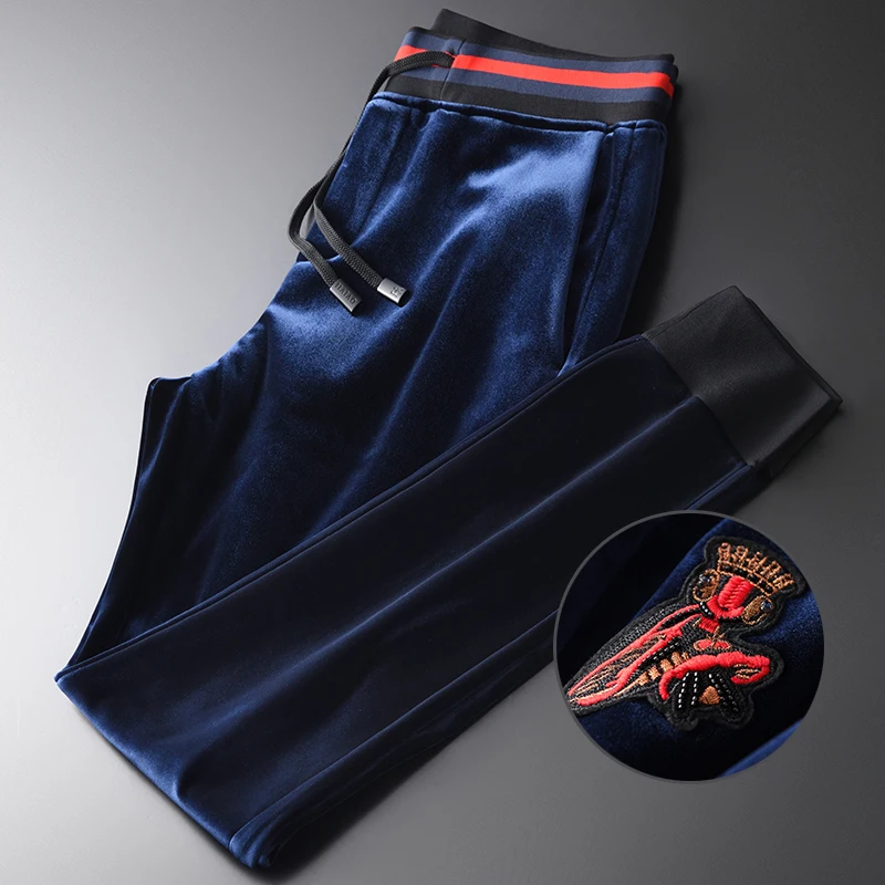 Minglu бархатные Мужские штаны Роскошные зимние велюровые с вышивкой повседневные