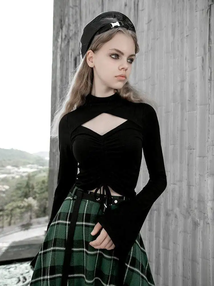 Женские открытые футболки в стиле панк с высокой горловиной и завязками длинными