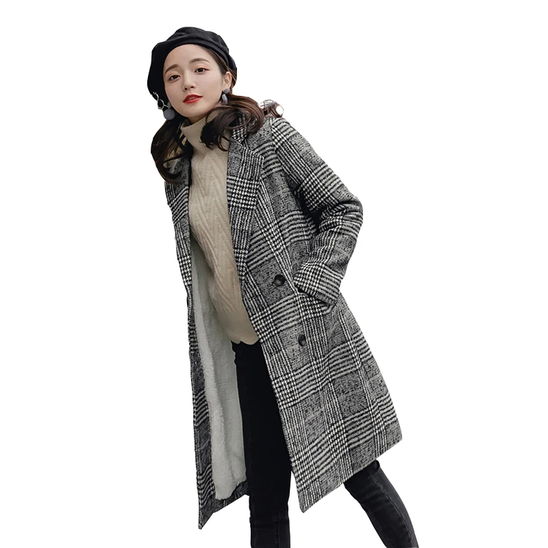 Fashion houndstooth women's flocking warm woolen coat in the long section 2019 new wild straight woolen coat female trend ladies