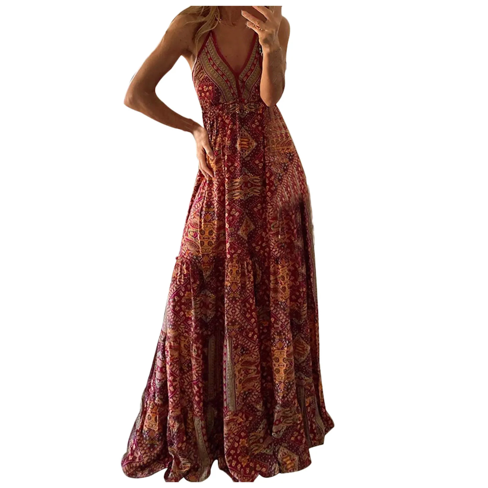 

Women's Floral Long Dress V-neck Sling Floral Long Dress Sleeveless Bohemian Sleeveless Beach Maxi Dress Casual Summer #294