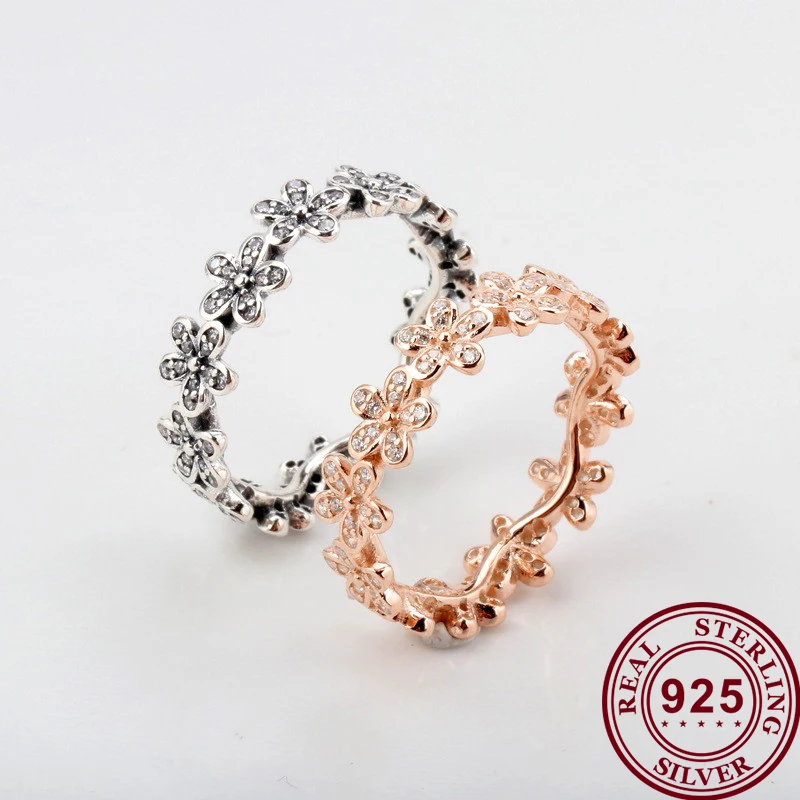 

2020 New 925 кольцо Silver Pan Ring Dazzling Rose Gold Daisy Floret Pan Ring For Women Wedding Party Gift Fashion Jewelry