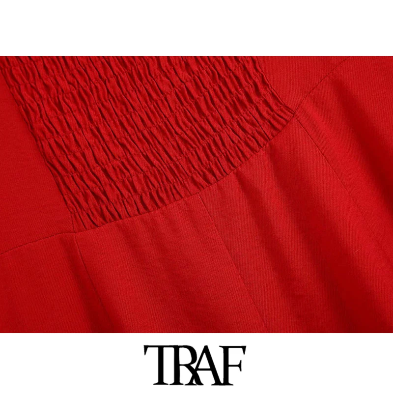 

Women Chic Fashion with Buttons Midi Dress Vintage Puff Sleeves Back Smocked Detail Female Dresses Vestidos Mujer Red