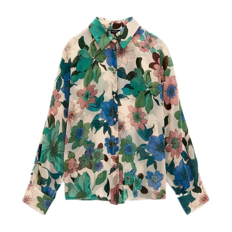 

Feminine Fashion Beautiful Floral Shirts 2021 Designer Clothes Autumn Wear Elegant Vintage Big Flowers Printed Silky Shirts