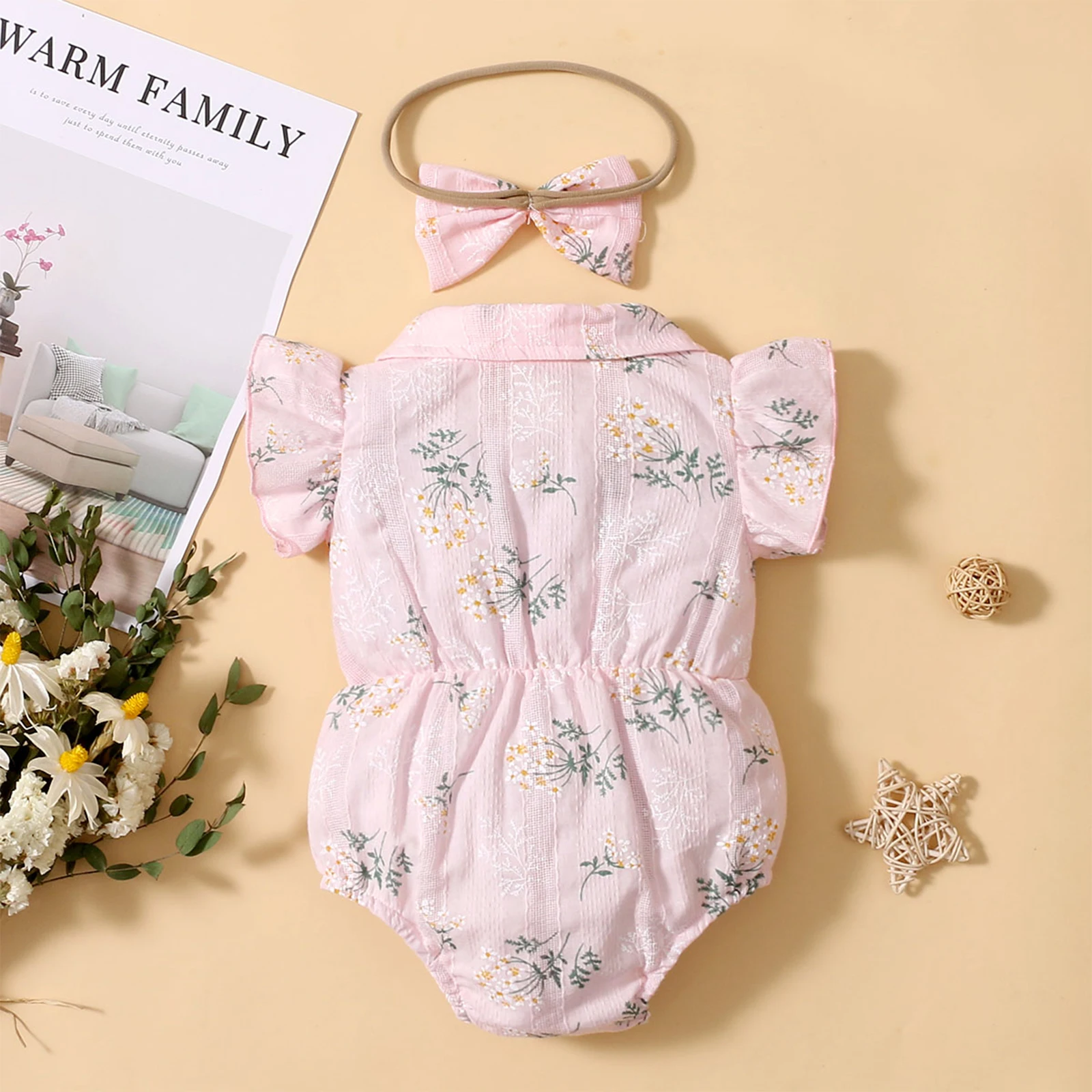 

Baby Girls Lovely Rompers Headband 2pcs Flowers Printed Ruffles Short Sleeve Turn Down Collar Jumpsuits