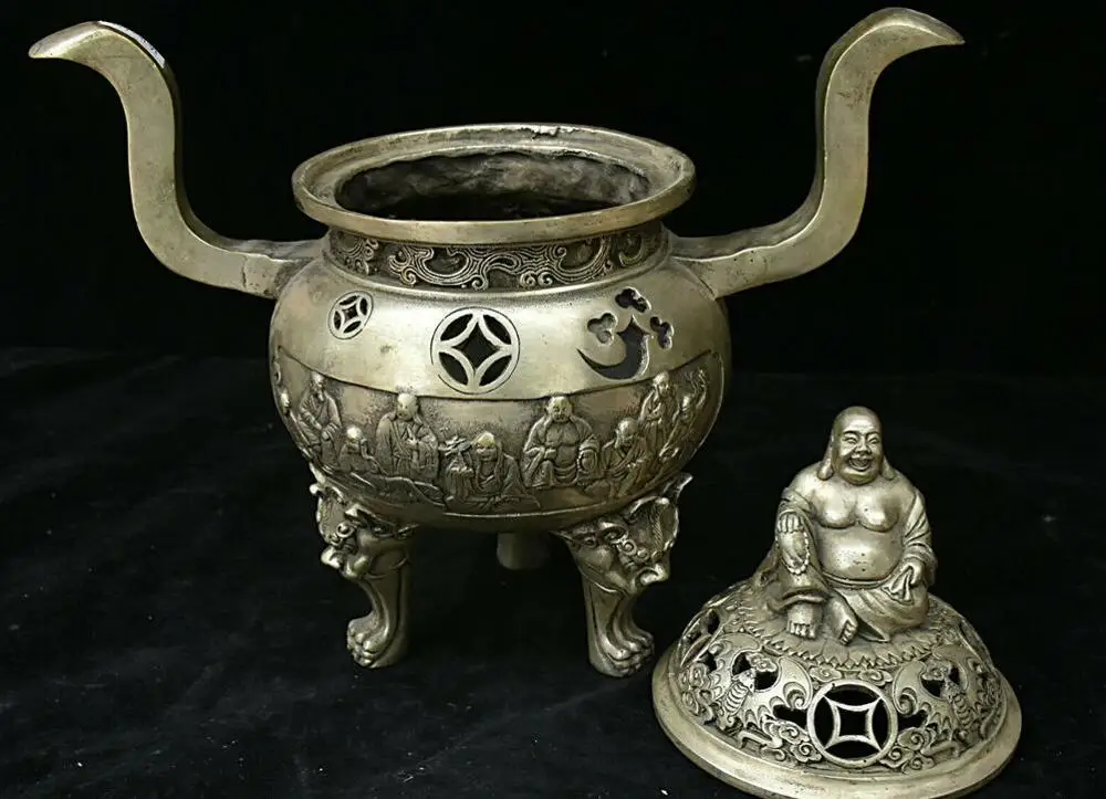 China White Copper Silver Maitreya 18 Arhat Buddha Incense Burner Censer Statue | Дом и сад