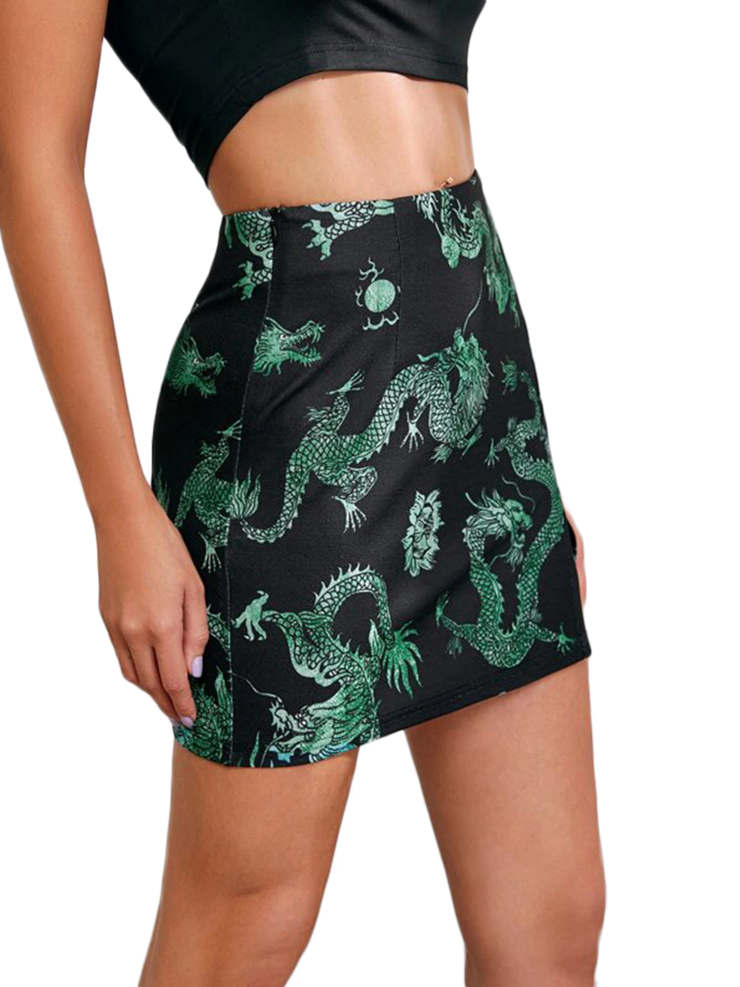 

2021 Fashion Women Dragon Printed Mini Skirt High Waist Split Straight Skirt Ladies Club Punk Sexy Summer Skirts Female
