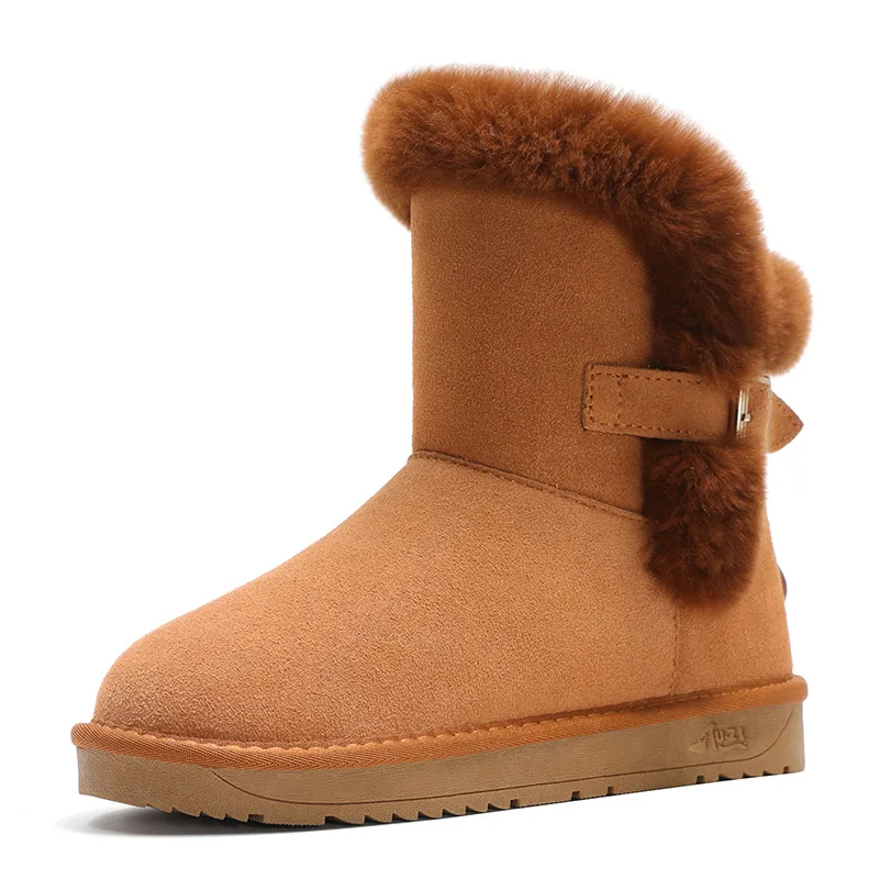 

Middle Tube Rabbit Fur Snowshoes with Thickened Female Leather Winter Non-slip Warm Student Versatile Belt Buckle Cotton Boots