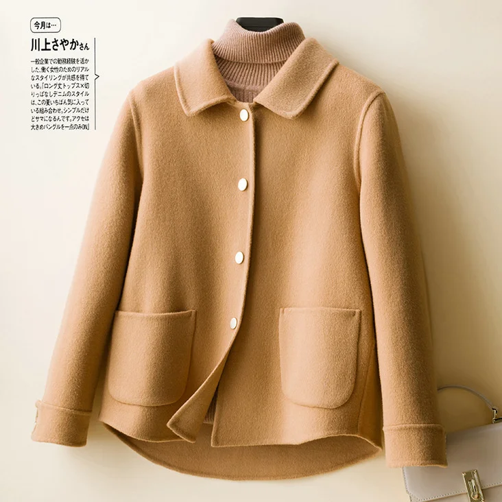 

Autumn and winter 2020 new women's wool double-sided Ni coat short Lapel buckle loose tweed coat solid color