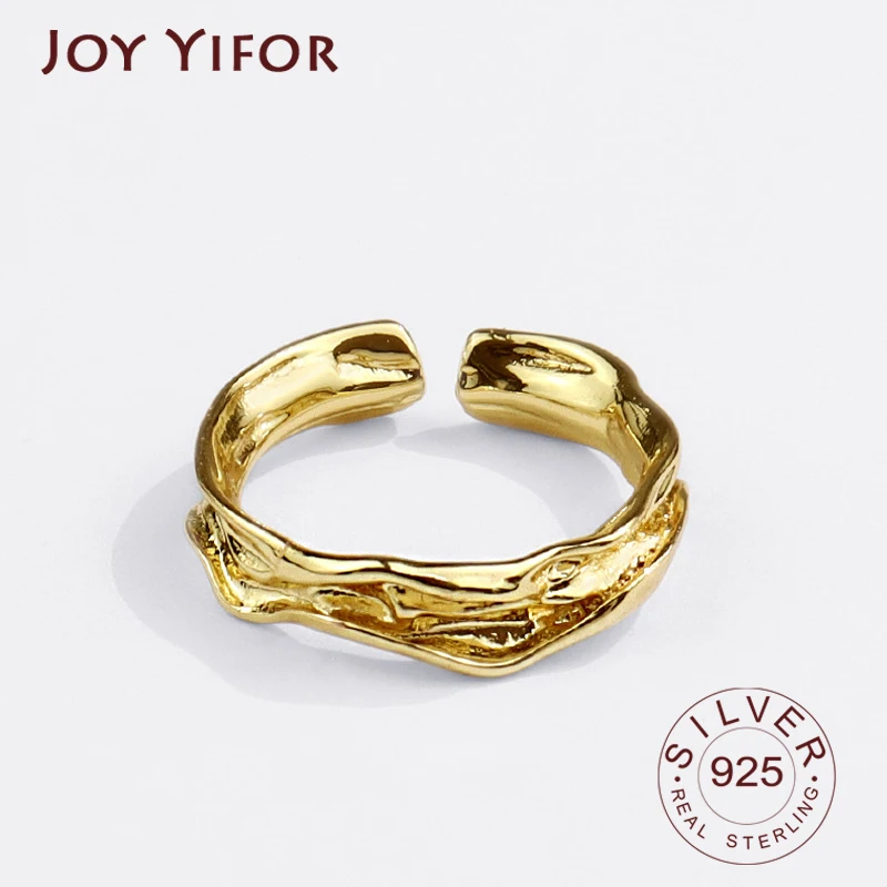 

925 Sterling Silver New Simple Design Strips Gold Color Rings Retro Distressed Opening Handmade Ring Fashion Punk Fine Jewelry
