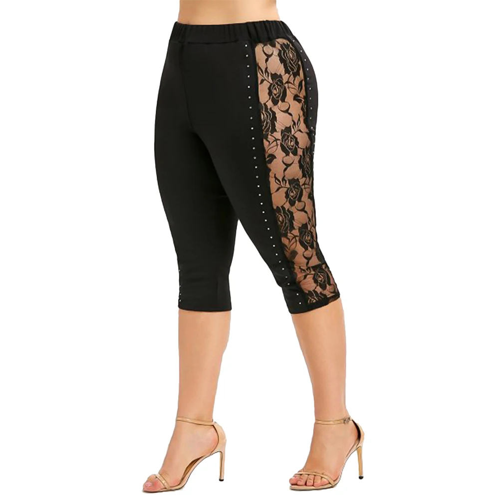 Wipalo Кружевные леггинсы с высокой талией прозрачной вставкой бриджи плюс сайз