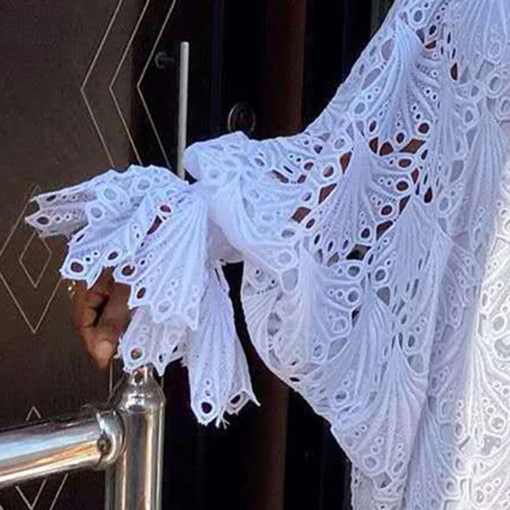 

White Lace Two Piece Dress For Women Long Flare Sleeve Sexy Ladies Hollow Oversize Vestidos African Fashion Maxi Party Dresses