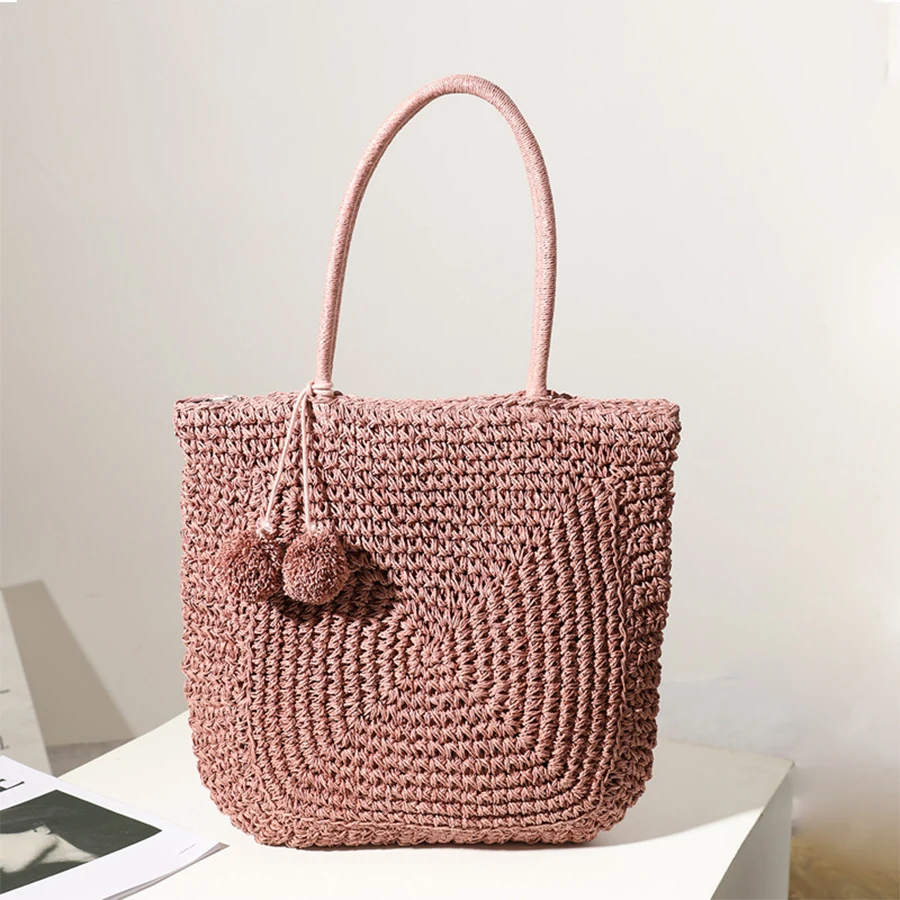 

Casual Straw Women Shoulder Bags Rattan Woven Handbags Summer Beach Bag Large Capacity Tote Women's Big Purses Shopper Bag 2021