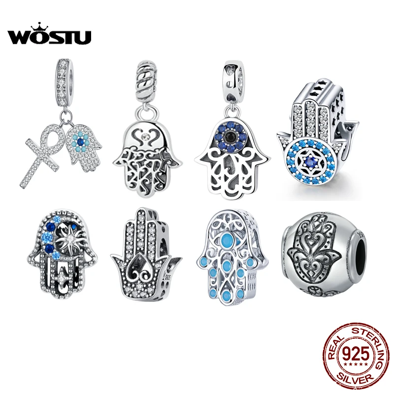 

WOSTU 2021 925 Sterling Silver Fatima Hand Charm Demon Eye Bead Pendant Dangle Charm Fit Original Bracelet For Women Jewelry