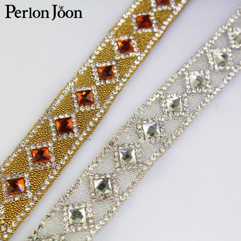 1 yard Gold silver retro rhinestone hot fix tape ribbon crystal rhinestone decoration iron on shoes clothing accessories TR024