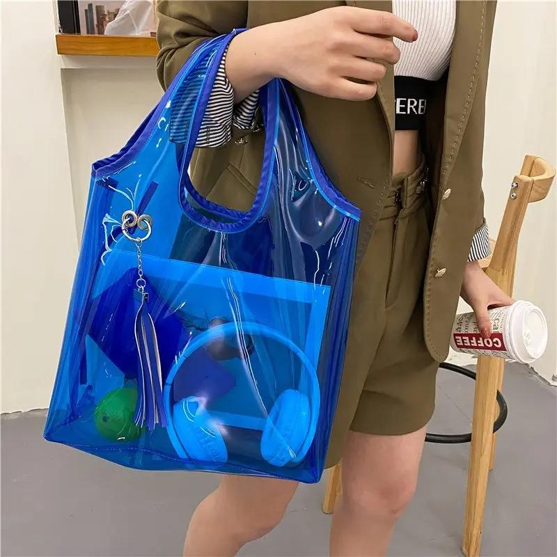 

Новинка 2021, винтажная брендовая сумка для покупок, прозрачная двойная прозрачная сумка из ПВХ, водонепроницаемая Повседневная Сумка-тоут, с...